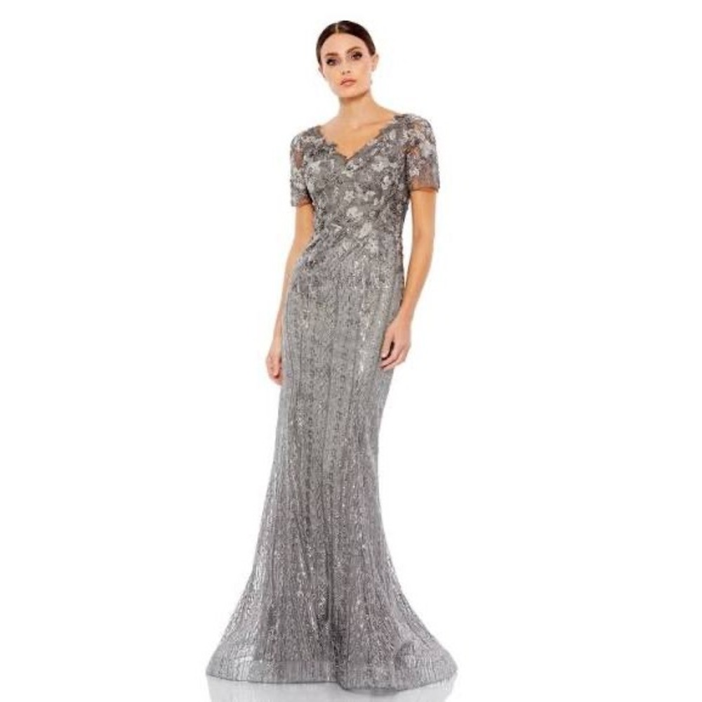 Mac Duggal 20282 Pewter Floral Embroidered Sequin V-Neck Gown Evening Dress